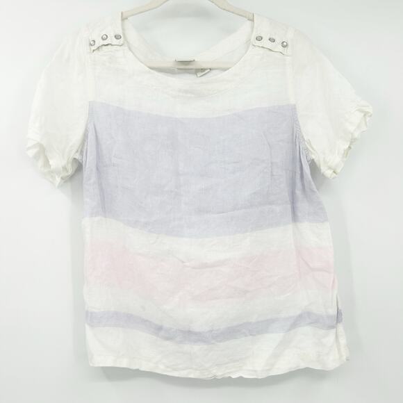 C&C‎ California Womens Boho Beachy Coastal Striped Short Sleeve 100% Linen Top M - Picture 1 of 5